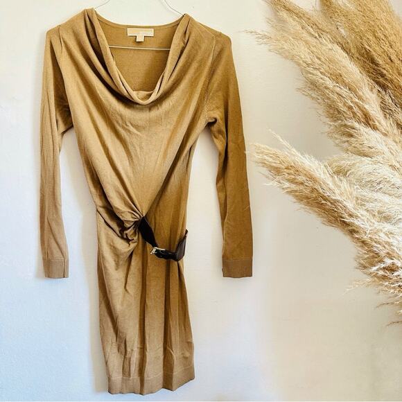 MK MICHAEL KORS Cream Tan Brown Leather Buckle Belt Cowl Neck Sweater Dress S - Picture 3 of 13